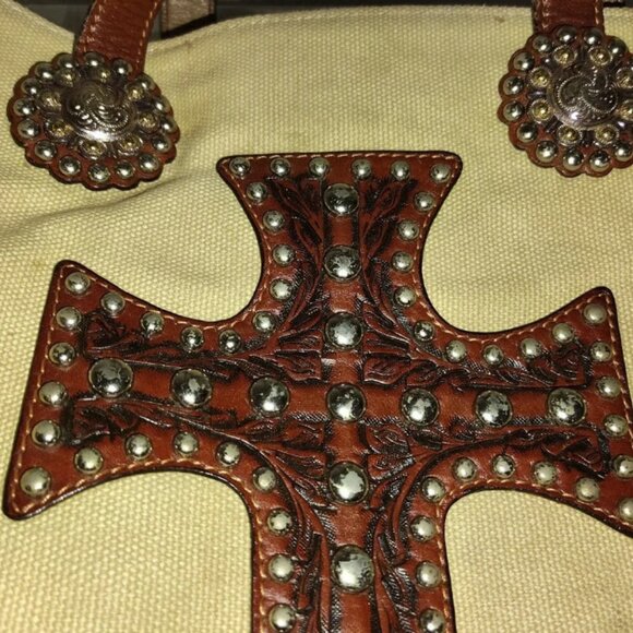 DDD Triple D Women's Purse Bag Canvas Cross Design Studded 10 in Long X 12 Width - Picture 2 of 11
